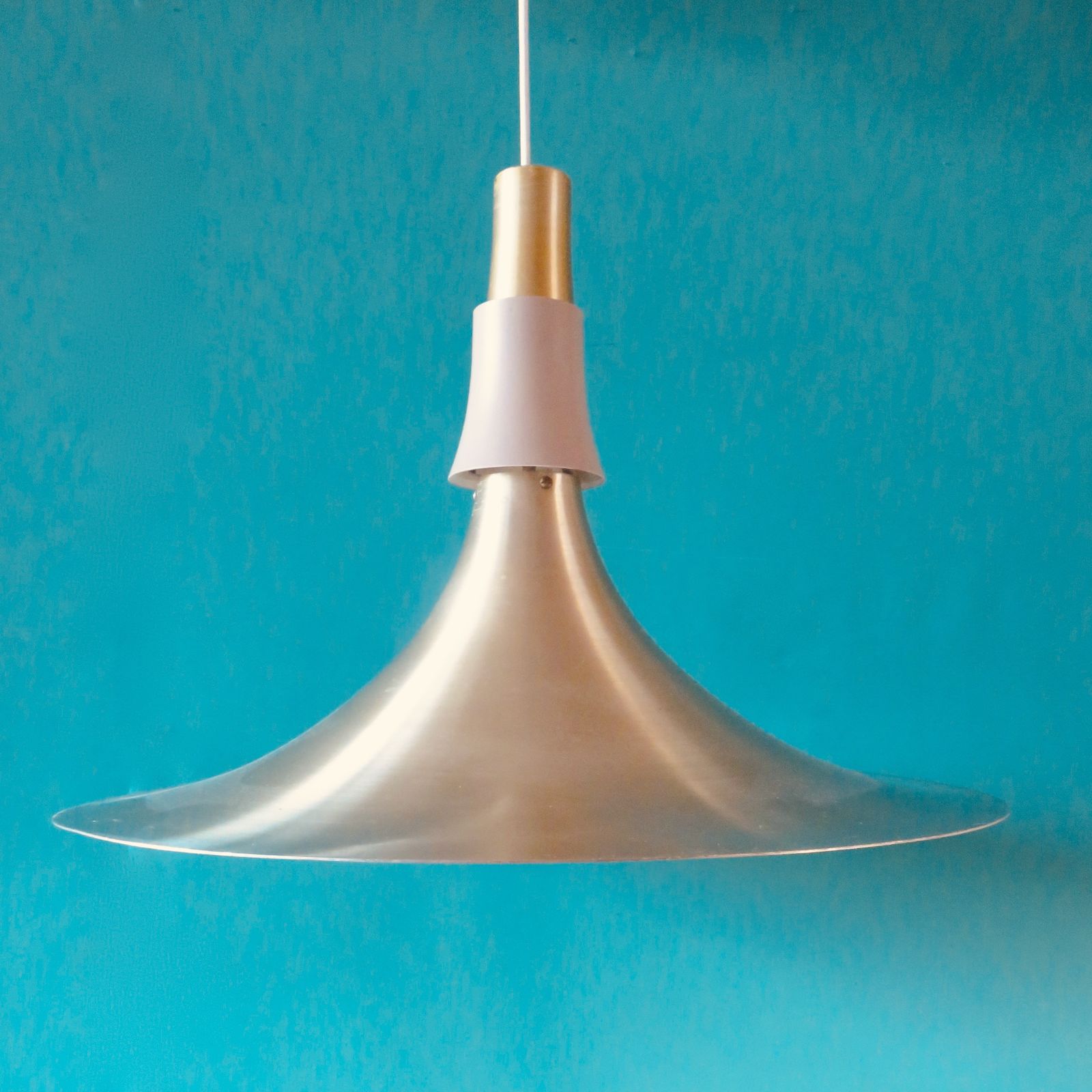 Large Trumpet Lamp In Brushed Gold Aluminum. Denmark 1970