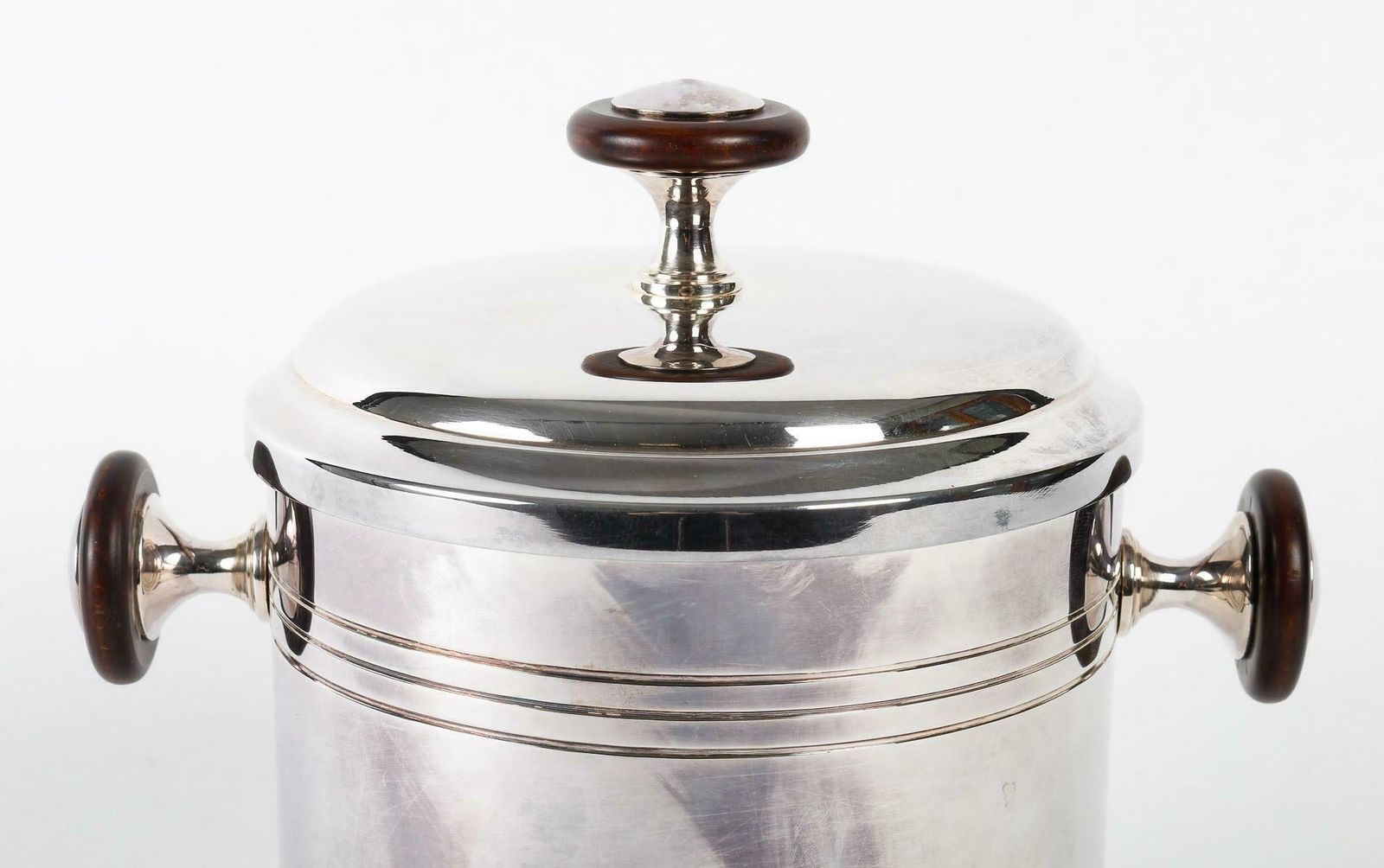 Silver Plated Metal And Wood Ice Bucket With Lid, 1980. photo furniture