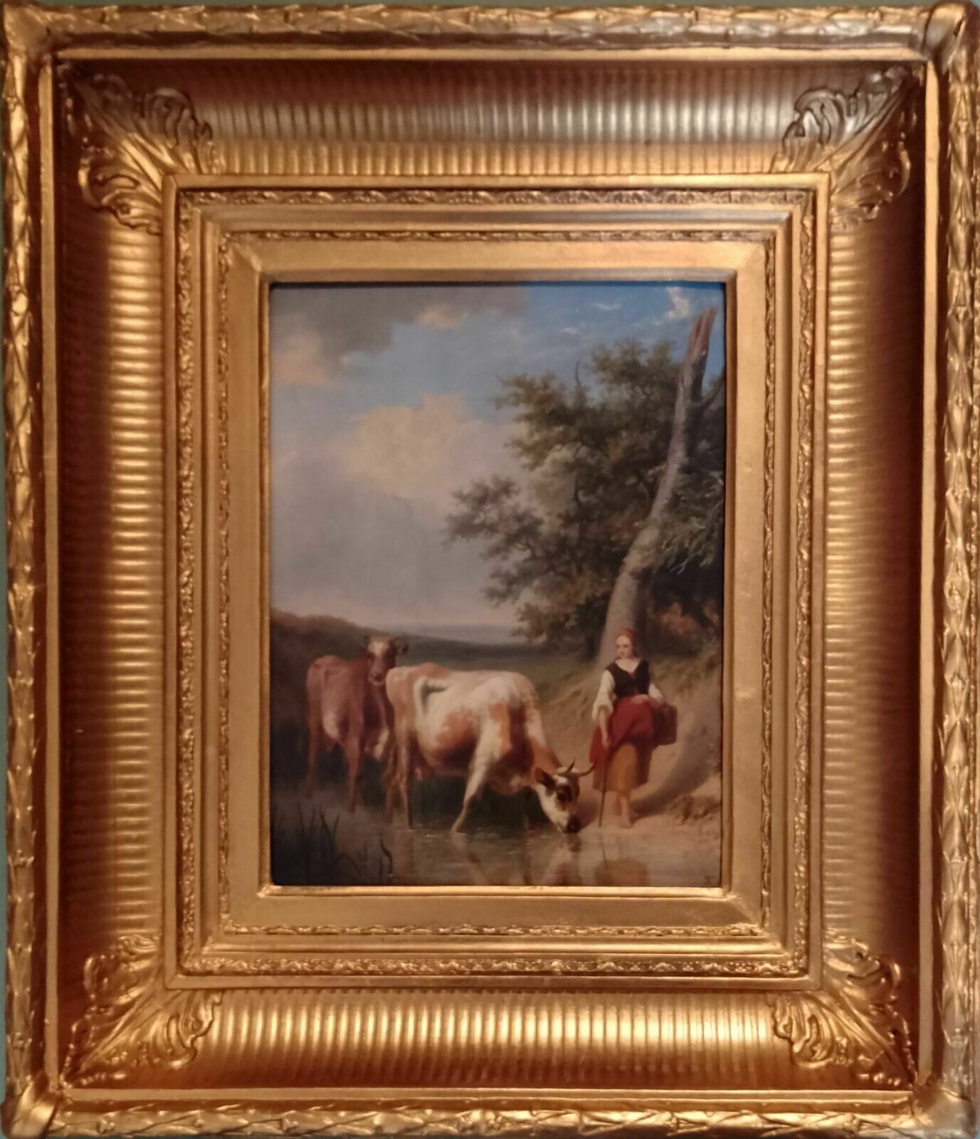 Antique 19th Century Oil Painting On Panel Milk Maid & Cows Baptiste Tschaggeny photo for sale