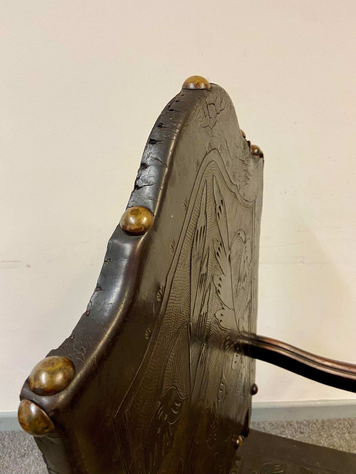 Antique Large Throne Chair / Hand Tooled Leather / Handcarved Wood / 19th Century photo buy