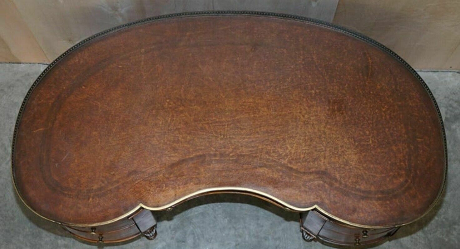 Stunning Faux Book Mahogany & Brown Leather Kidney Desk With Gallery Rail photo buy