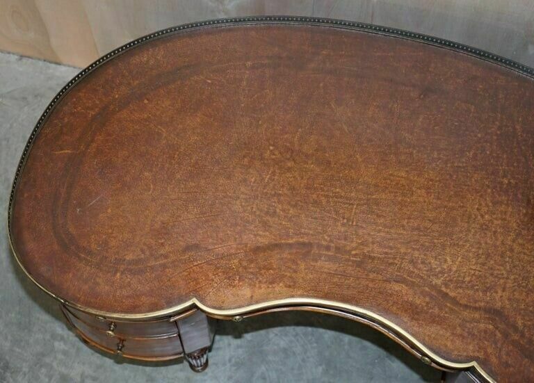 Stunning Faux Book Mahogany & Brown Leather Kidney Desk With Gallery Rail photo vintage