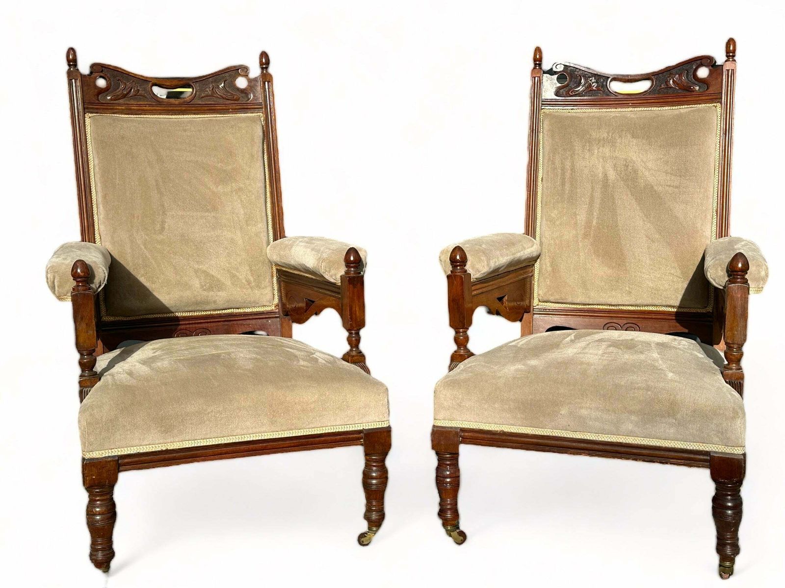 Rare Pair Of Antique Hand Carved Walnut “Jas Shoolbred” Armchairs As Featured In The 1881 Furniture Gazette & Featured At The Powerhouse