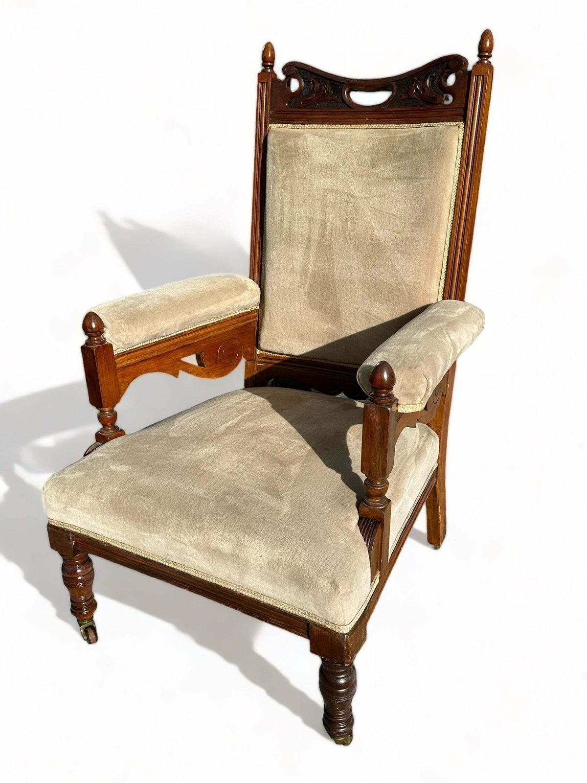 Rare Pair Of Antique Hand Carved Walnut “Jas Shoolbred” Armchairs As Featured In The 1881 Furniture Gazette & Featured At The Powerhouse photo furniture