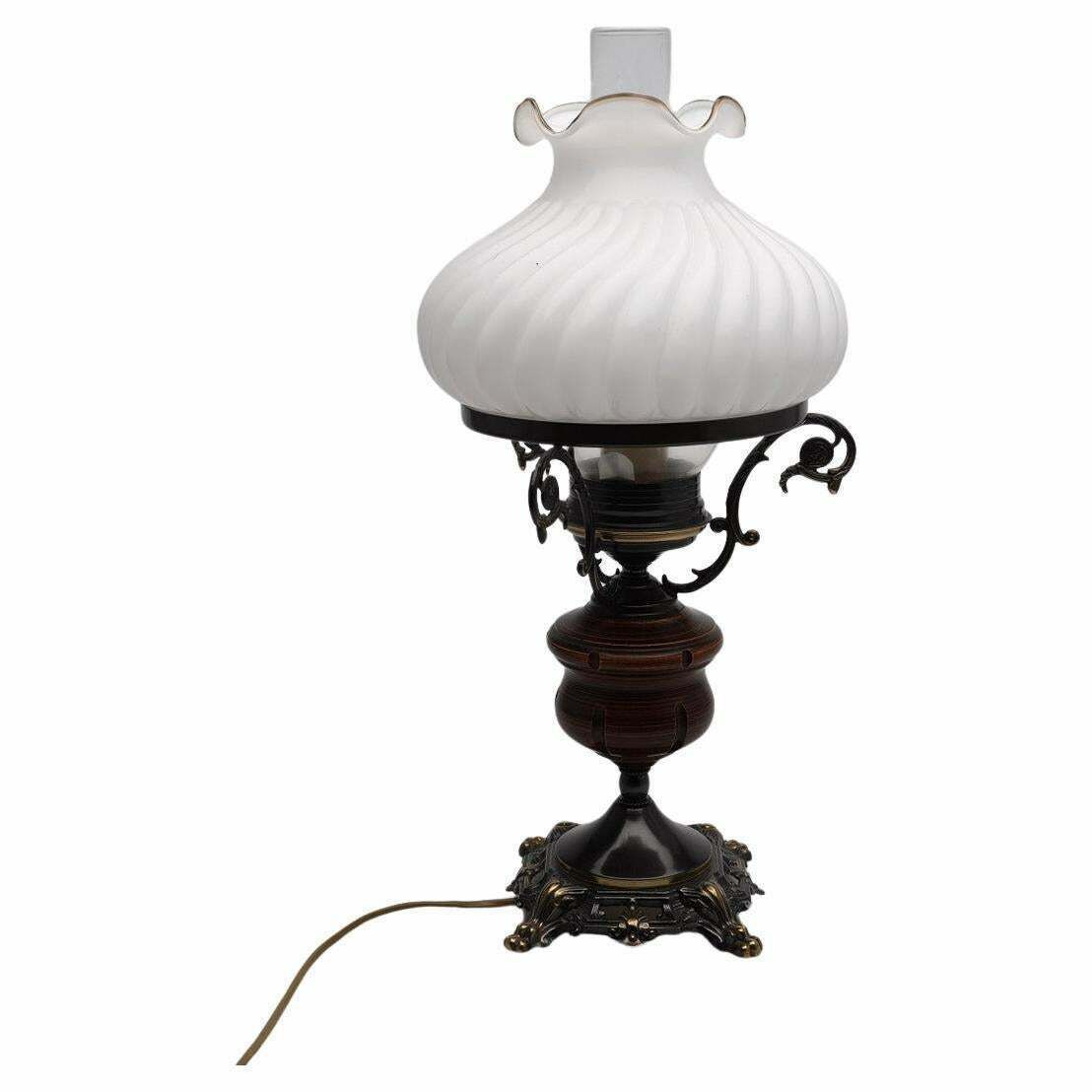 Antique Bronze Table Oil Lamp With Electric Wire And Glass Cup Art Deco 50's