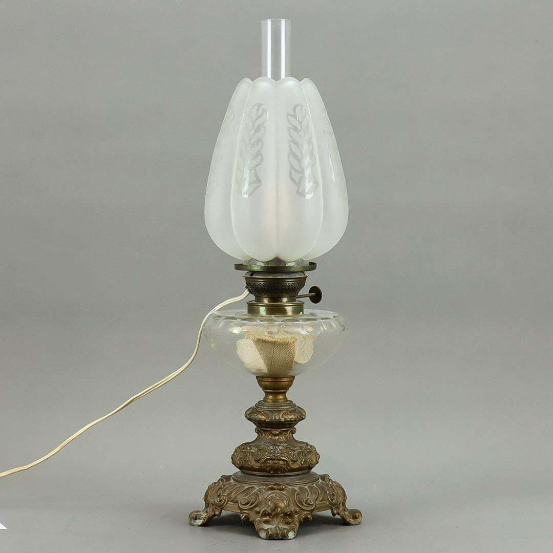 Antique Bronze Table Oil Lamp With Electric Wire And Glass Cup Art Deco 50's