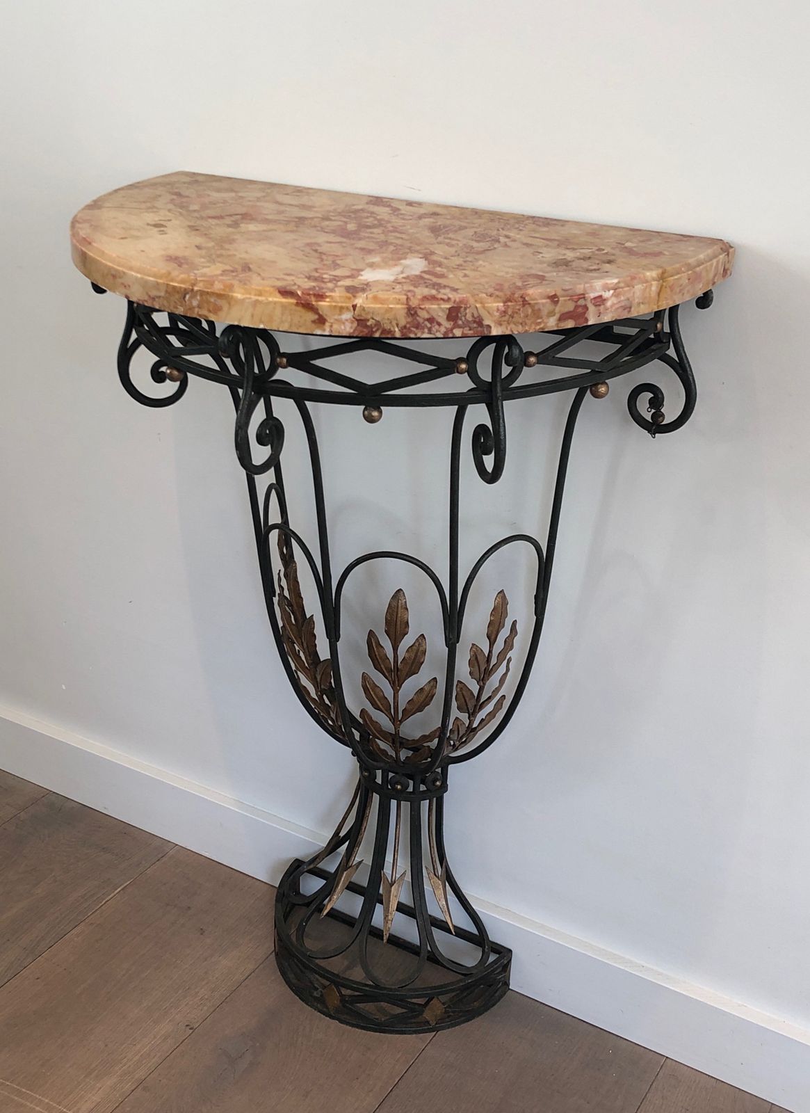 Rare Small Wrought Iron Console With Marble Top. French Work. Around 1940 photo vinterior