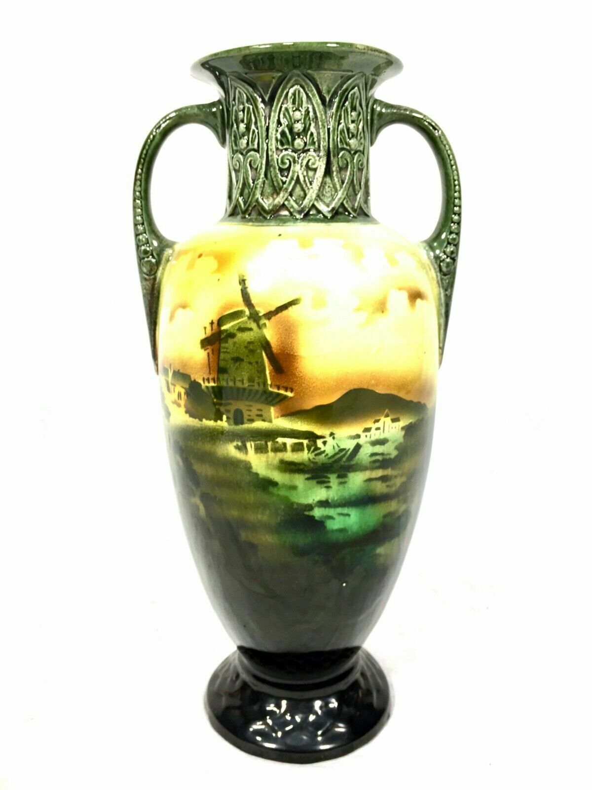 Antique Pair Of Czechoslovakia Pottery Vases / Vase Showing Dutch Scenes C.1920 photo for sale