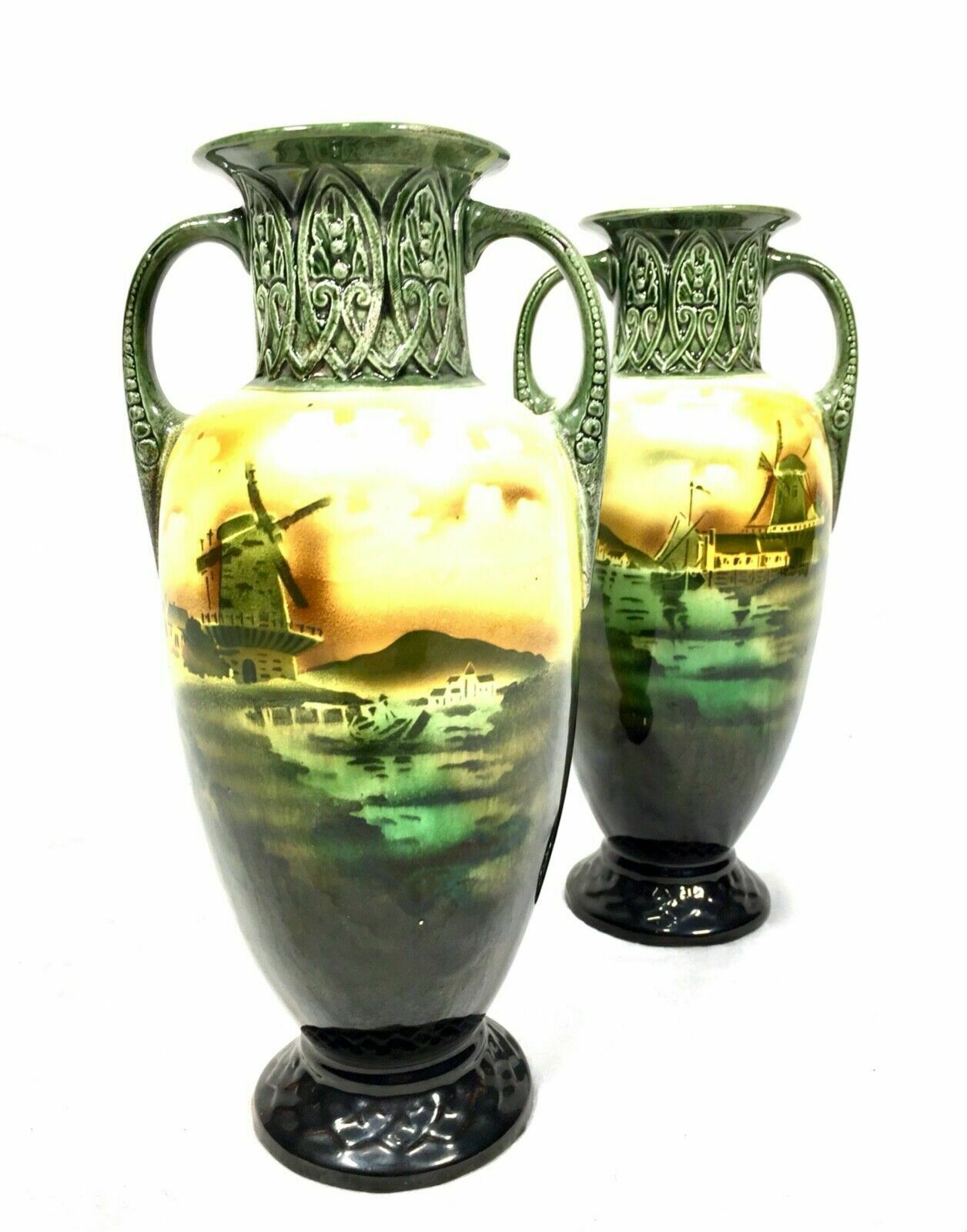 Antique Pair Of Czechoslovakia Pottery Vases / Vase Showing Dutch Scenes C.1920 photo vintage