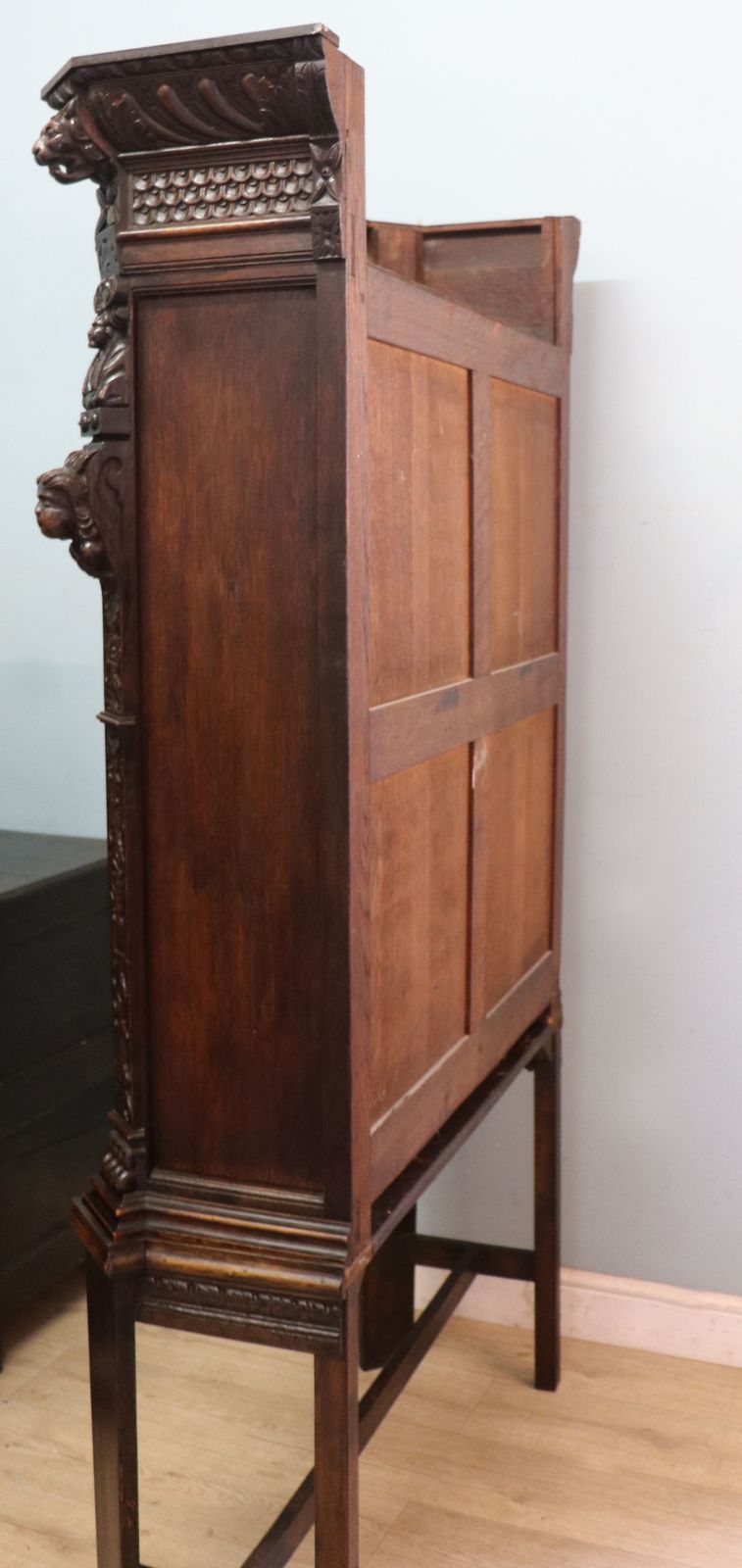 A Lovely Late 19th Heavily Carved Oak Bookcase Cabinet On Stand, Later Sign Written With A Selection Of German Beer Related Emblems. photo 1495.0