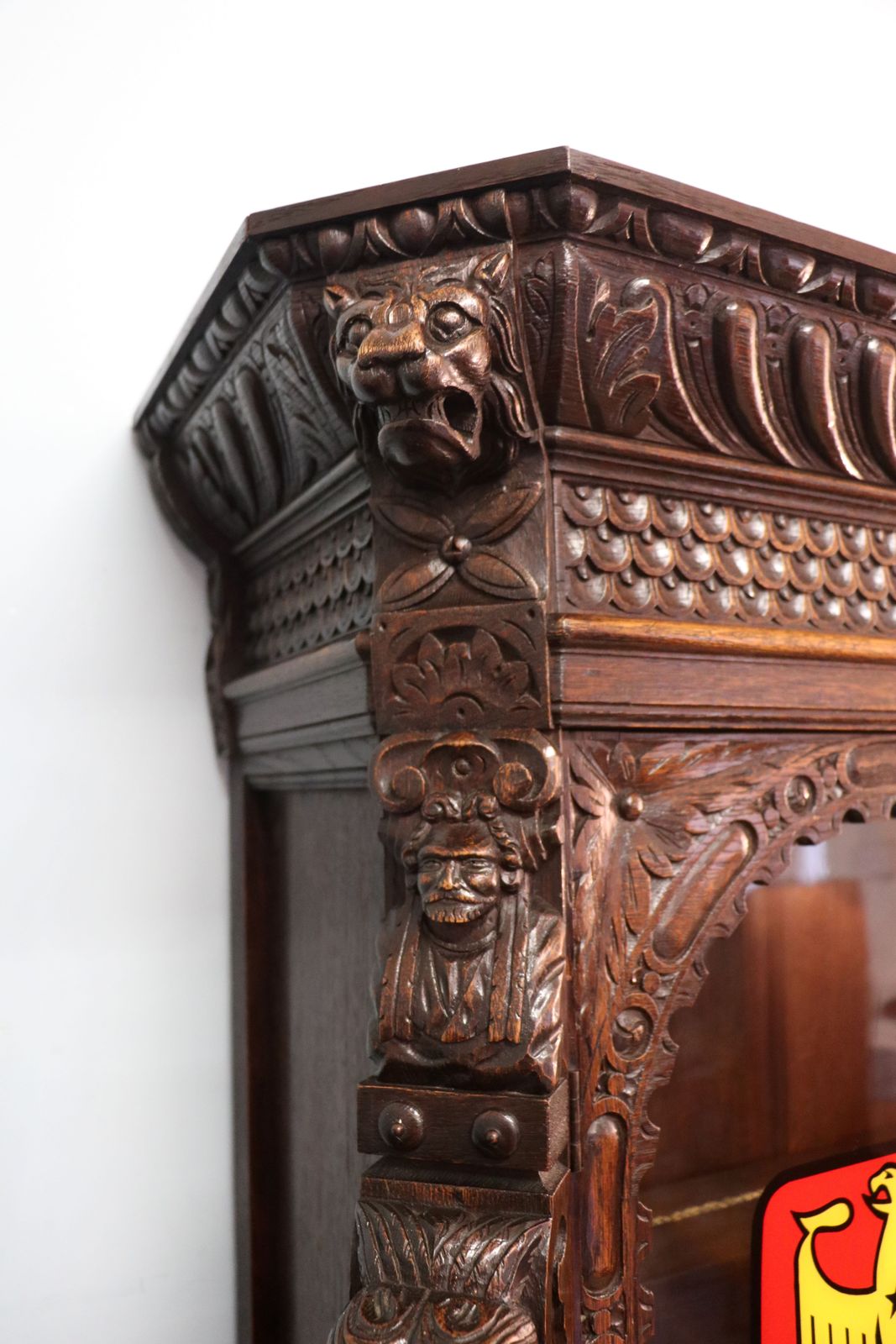 photo furniture A Lovely Late 19th Heavily Carved Oak Bookcase Cabinet On Stand, Later Sign Written With A Selection Of German Beer Related Emblems.