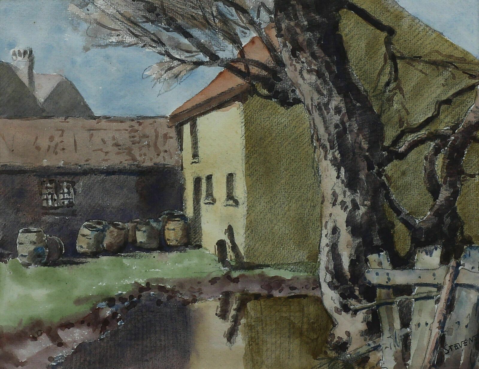 Watercolour By Henry Potter Stevens. Titled 'The Back Yard'. photo for sale