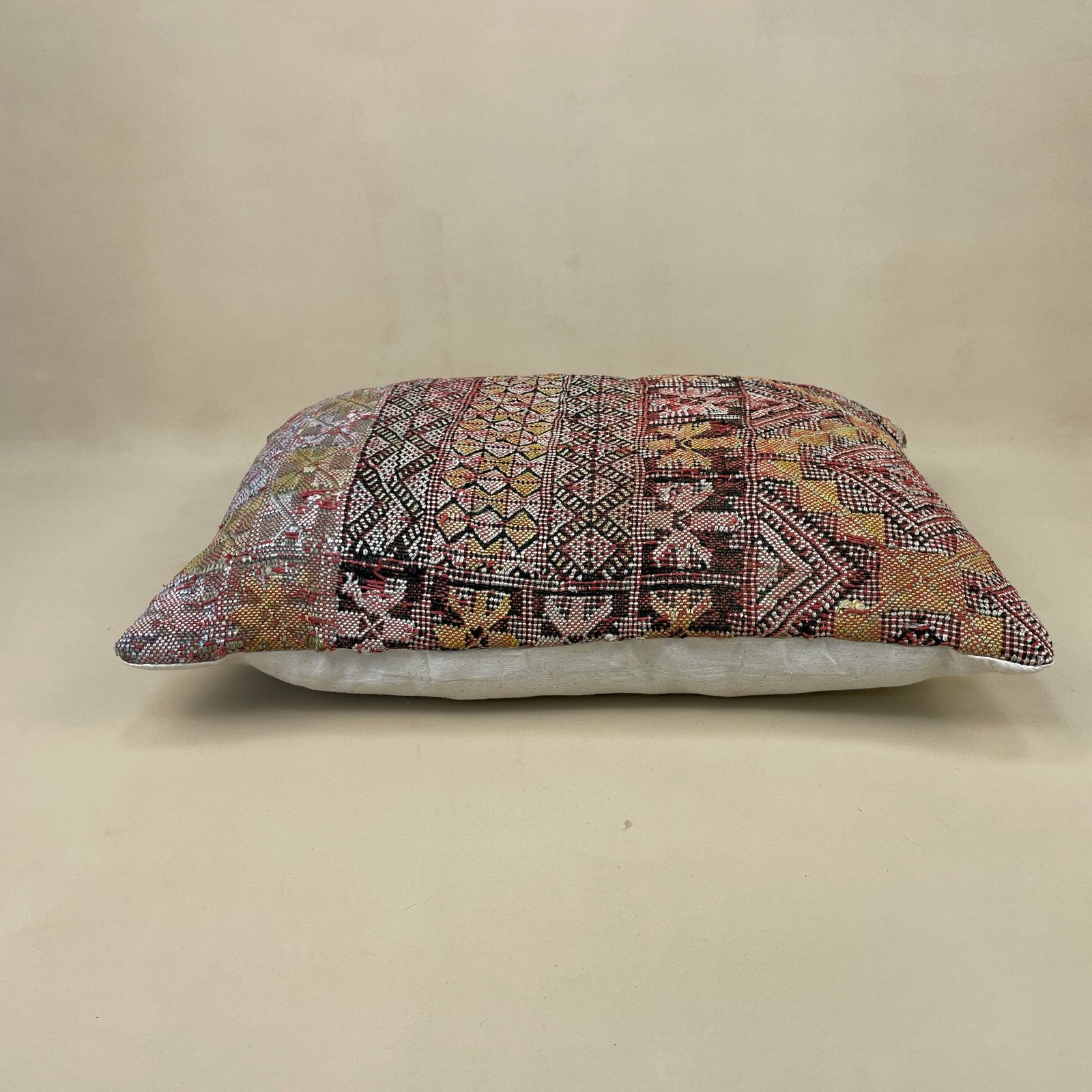 Antique Kilim Cushion Moroccan Pillow Feather Filled Handwoven Patterned Red Earthy photo for sale