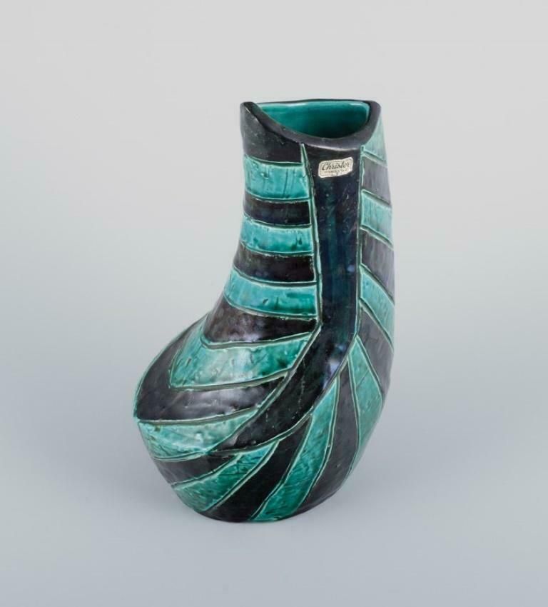 Christer, Mariestad, Sweden. Modernist Ceramic Vase With Green And Black Glaze. photo 258.0
