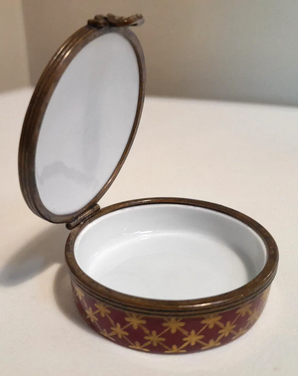 Antique Limoges France Red & Gold Filigree & Porcelain Box photo 85.0