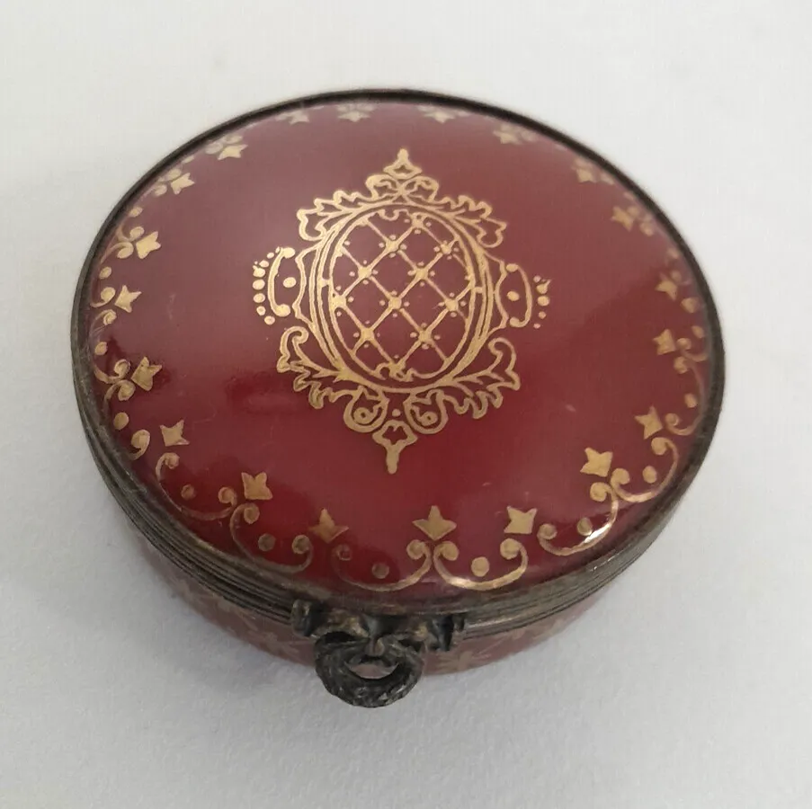 Antique Limoges France Red & Gold Filigree & Porcelain Box