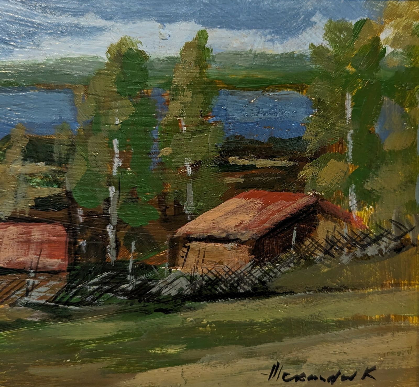 Art Red Houses In Nature Oil Painting photo