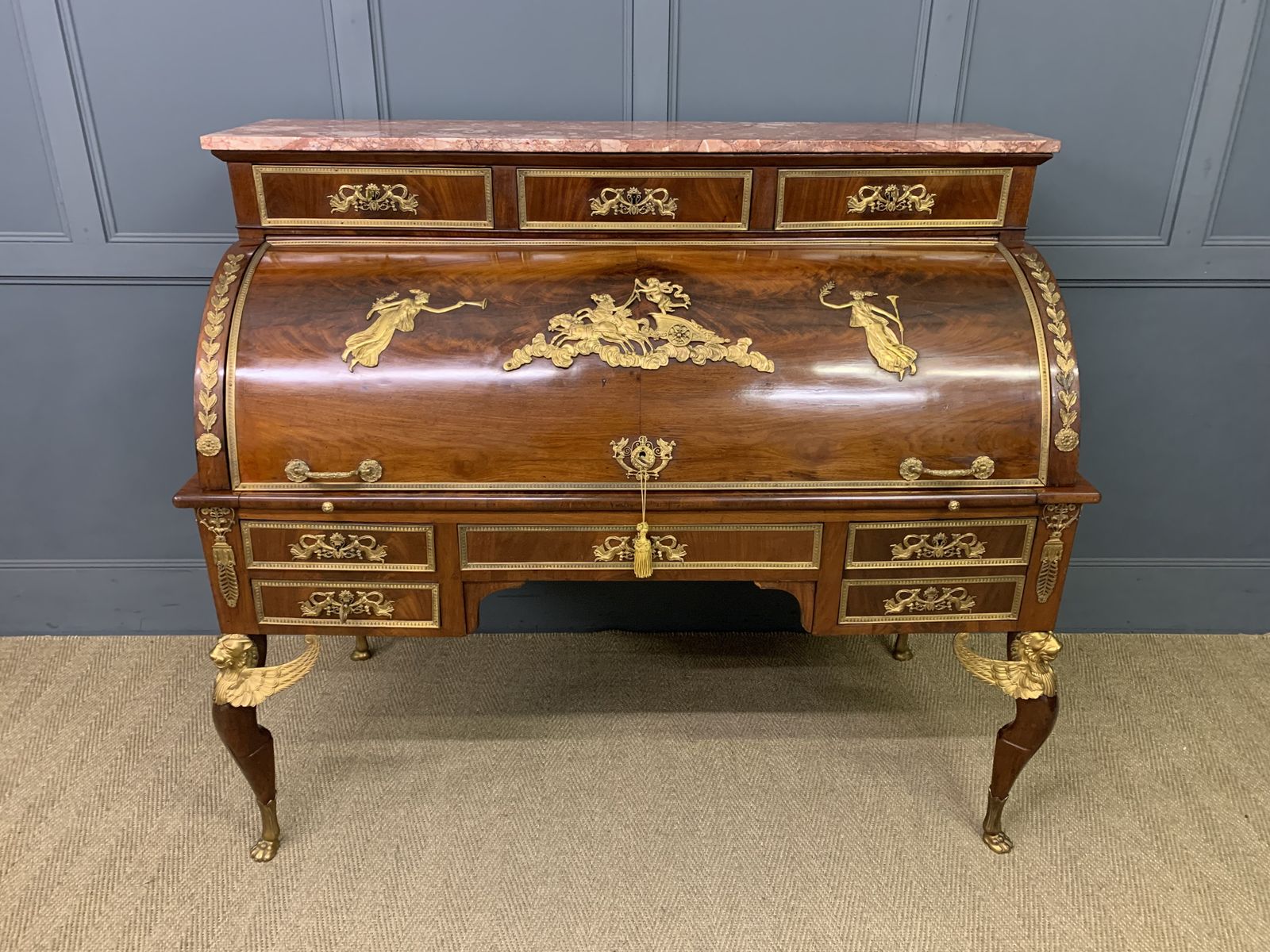 Large 19th Century French Empire Style Flame Mahogany Cylinder Desk photo furniture