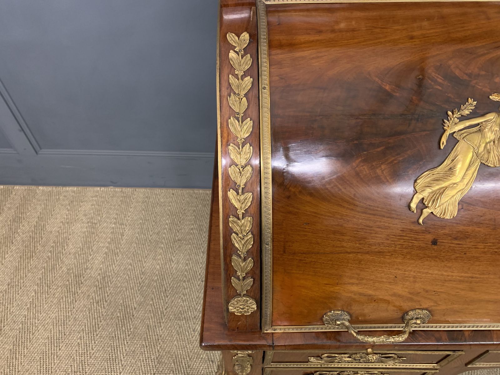 photo for sale Large 19th Century French Empire Style Flame Mahogany Cylinder Desk