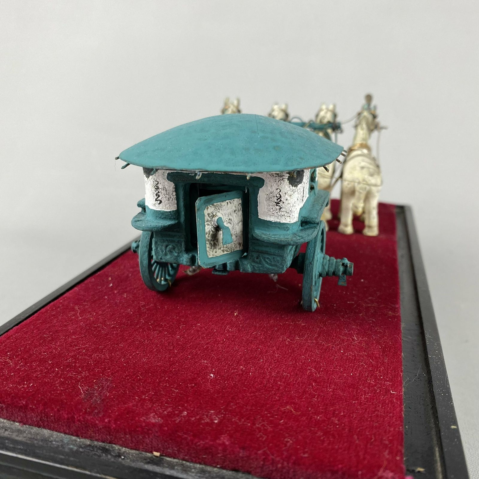 photo for sale Rare Antique Oriental Metal Statue Horse Drawn Carriage Asian Wood Stand Chariot Sculpture In Box Ornament Chinese Far East Unusual