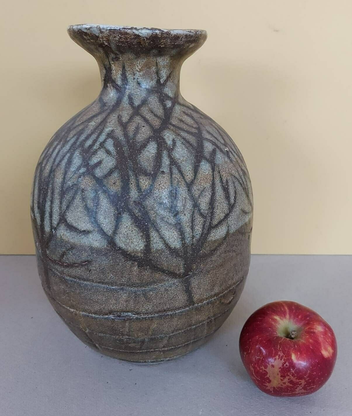 Vintage Japanese Influenced Studio Pottery Vase, Striking And Unusual Design In Warm Tones With A Stylised Winter Tree Design.