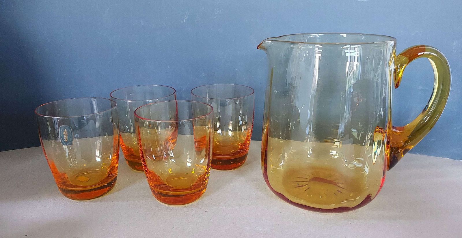 Vintage Whitefriars Crystal Amber Glass Pitcher Set With Four Glasses, 1960's photo furniture