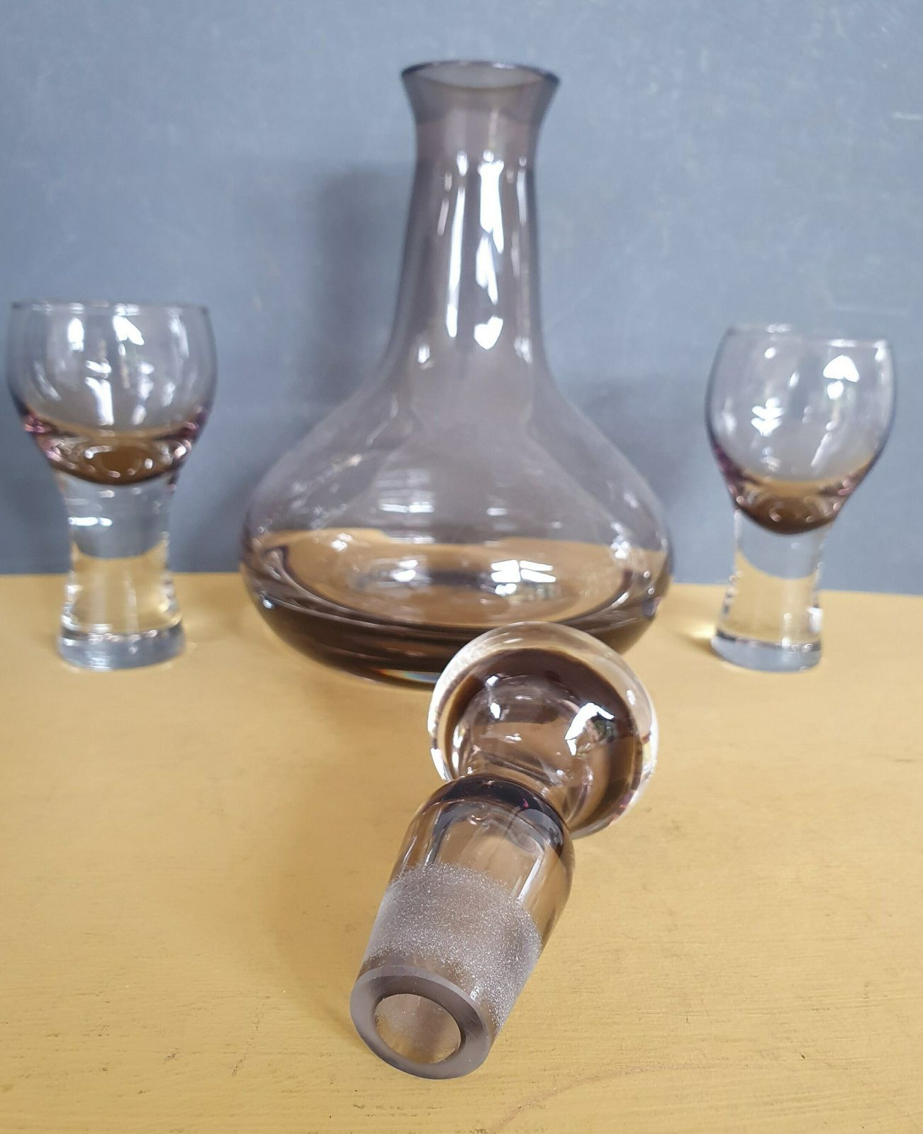 Vintage Caithness Smoked Glass Decanter Set, Libster Decanter And Two Canisbay Dram Glasses In Lovely Peat Coloured Glass, 1970s photo buy