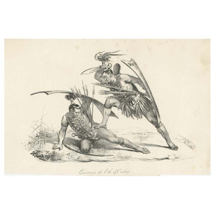 Antique Print Of Two Warriors Of Ombai Island