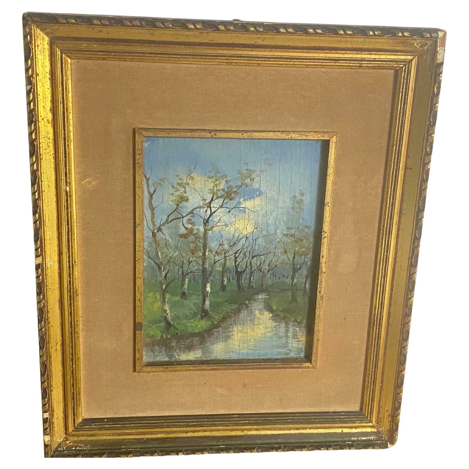 Original Oil Painting Representing A River And Trees Fance Early 20th Century