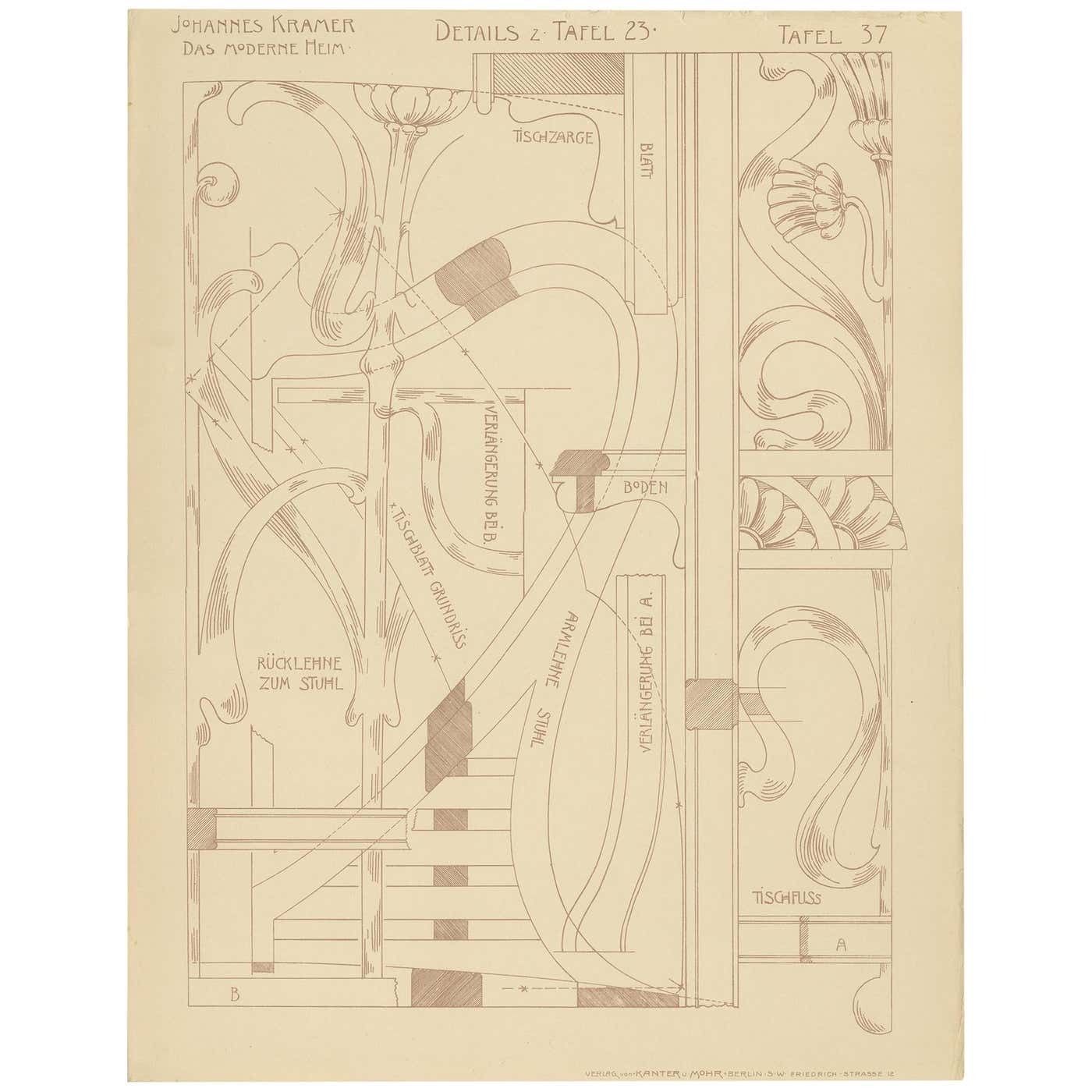 Antique Print Of Furniture Details By Kramer, Circa 1910