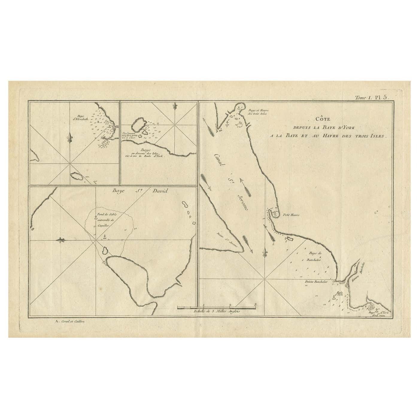 Antique Map Of York's Bay, Haven Of The Three Islands And Surroundings