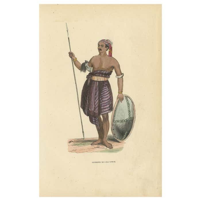 Hand Colored Antique Print Of A Warrior Of Sawu Island, Indonesia