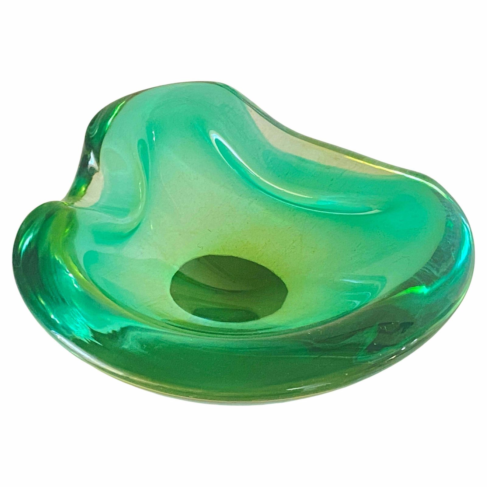 Vide Poche Or Ashtray In Art Glass Venice Green Color Italy Murano 1970