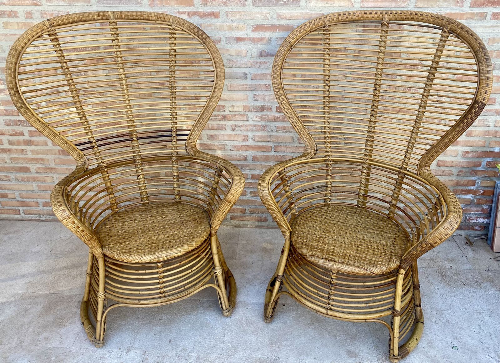 Spanish 70's Bamboo Wicker High Back Armchair, Set Of Two photo for sale