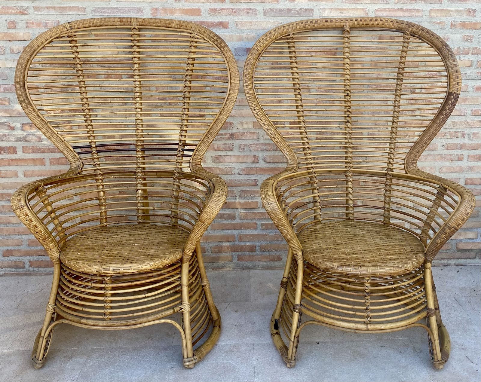 Spanish 70's Bamboo Wicker High Back Armchair, Set Of Two