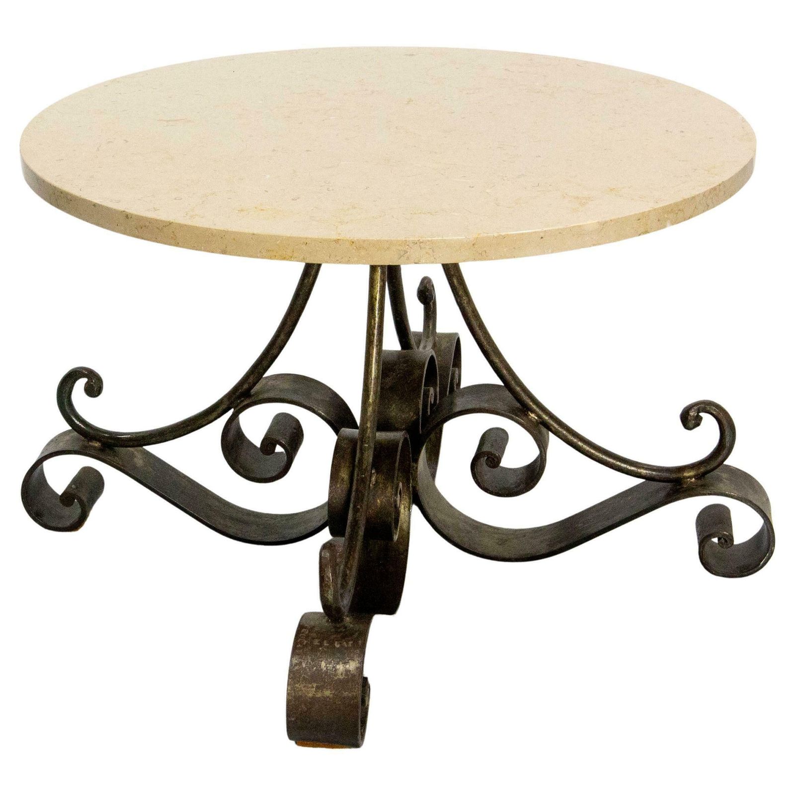 French Travertine Top & Wrought Iron Signed Coffee Table, Circa 1960 photo furniture
