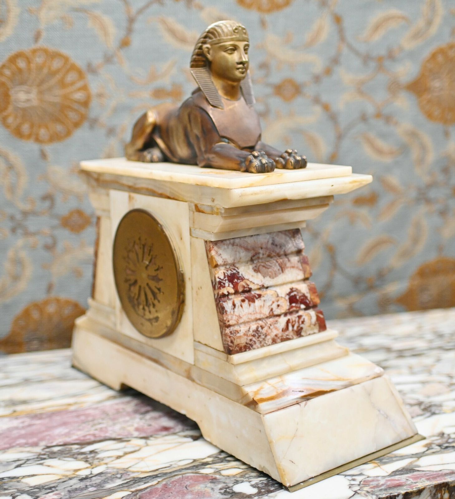 photo furniture French Empire Clock Mantel Gilded Spinx Marble 1880