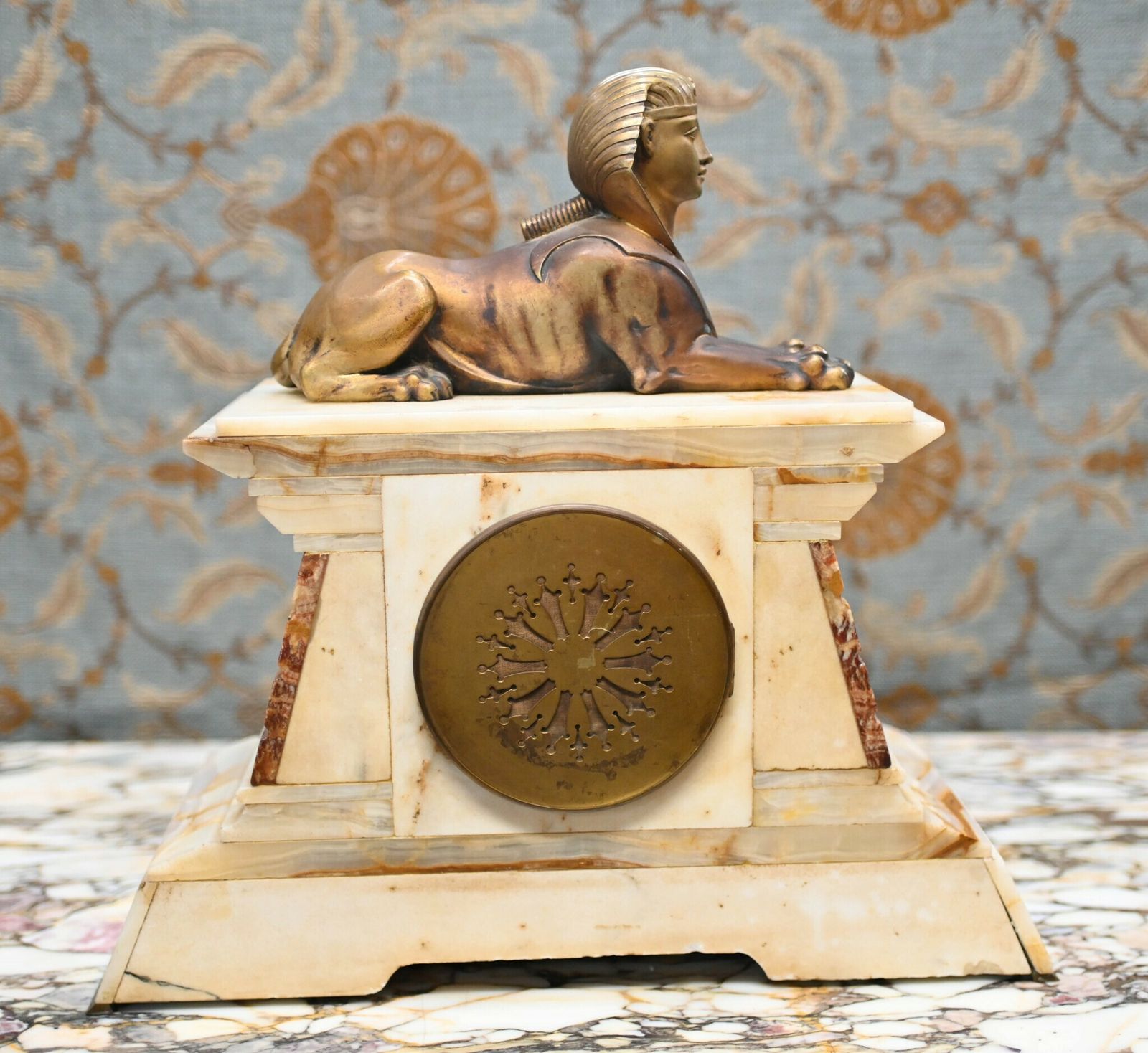 photo for sale French Empire Clock Mantel Gilded Spinx Marble 1880