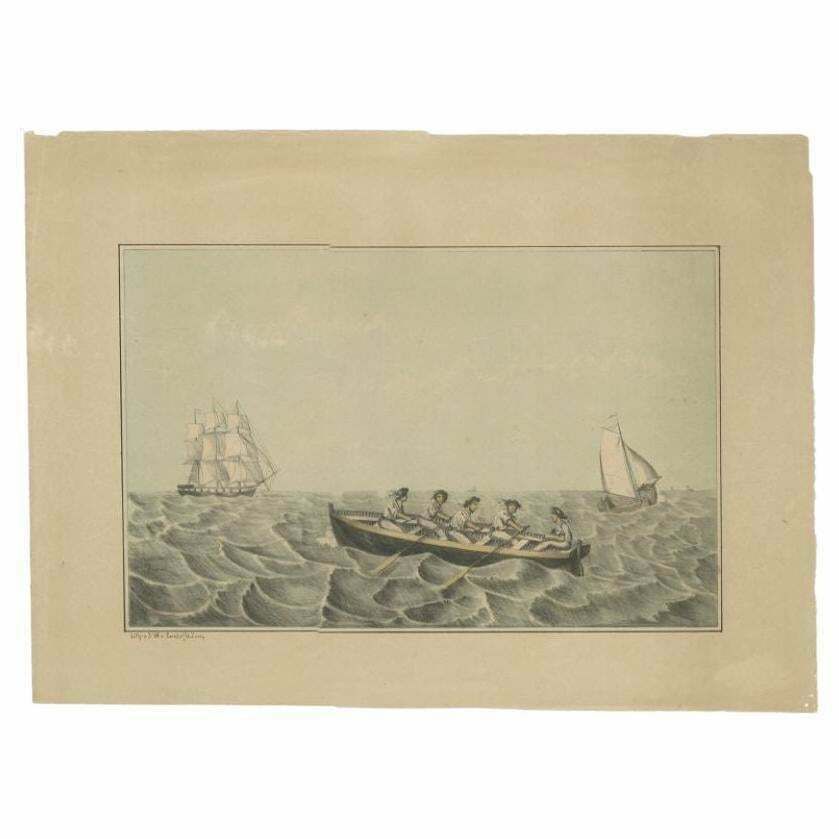 Antique Print Of Ships And A Rowing Boat In Old Handcoloring, Circa 1880