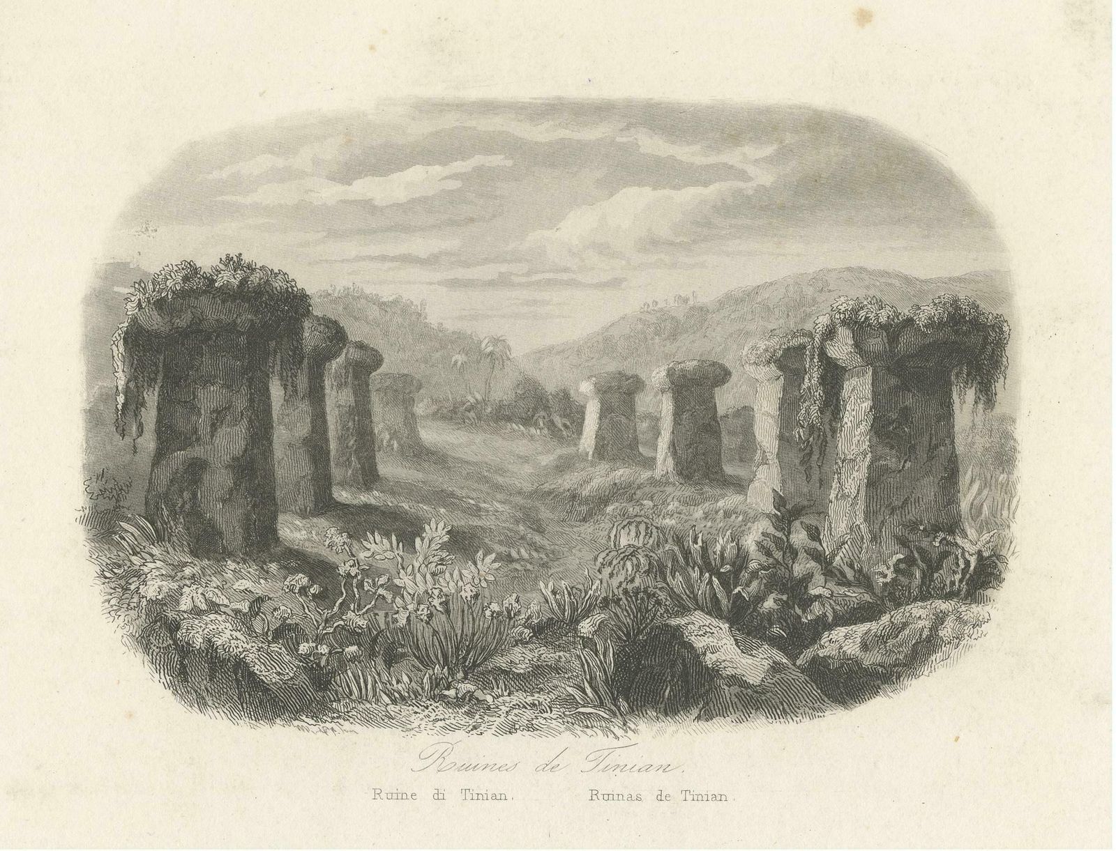 Small Antique Print Of Ruins Of Ancient Columns On Tinian Island photo furniture