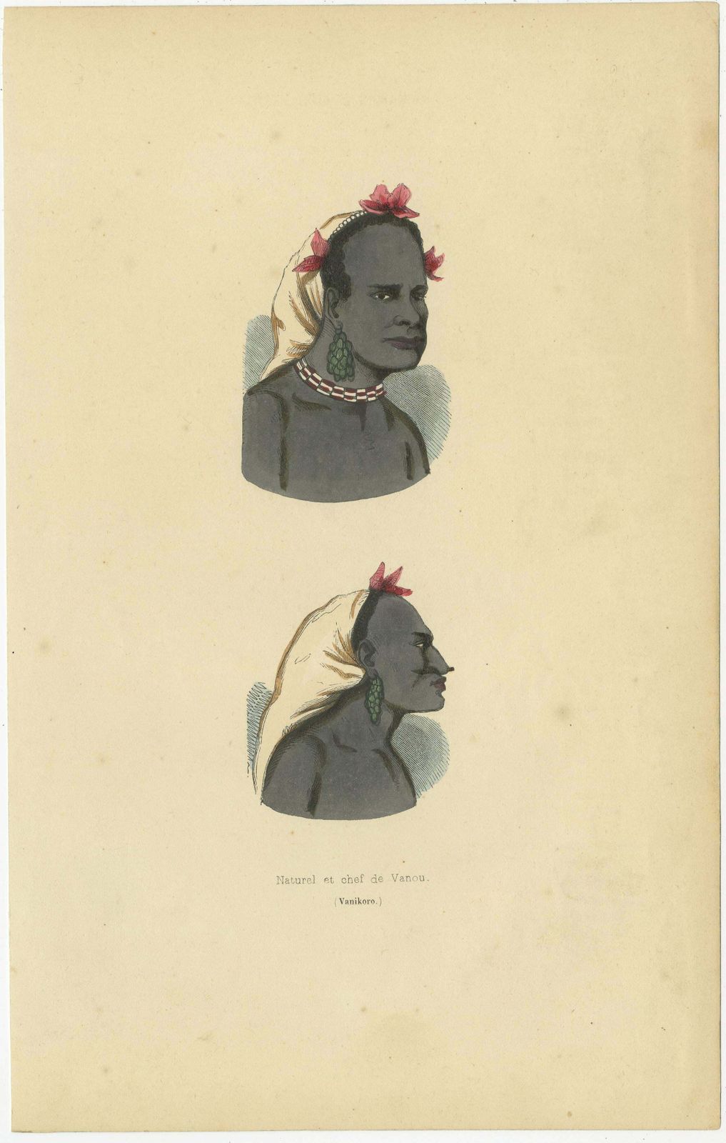 Hand Colored Antique Print Of A Melanesian Chief And Man Of Vanou, Vanikoro photo furniture