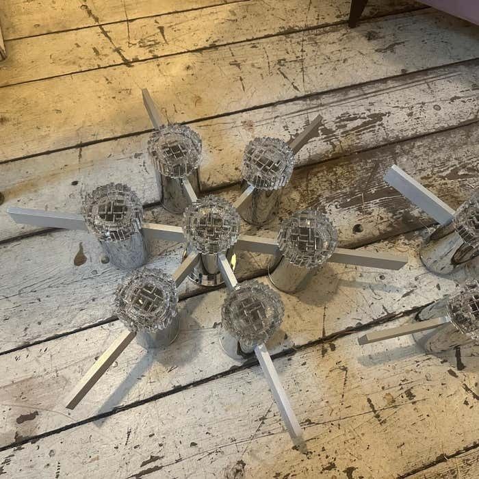 photo for sale Two 1960s Gaetano Sciolari Space Age Chrome Aluminum And Glass Ceiling Lights