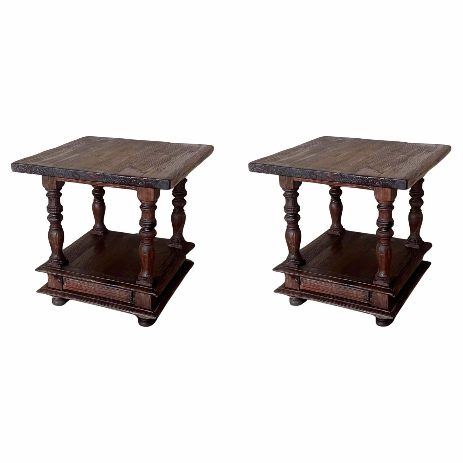 Pair Of Spanish Brutalist Walnut Side Or Coffee Tables With Low Shelve