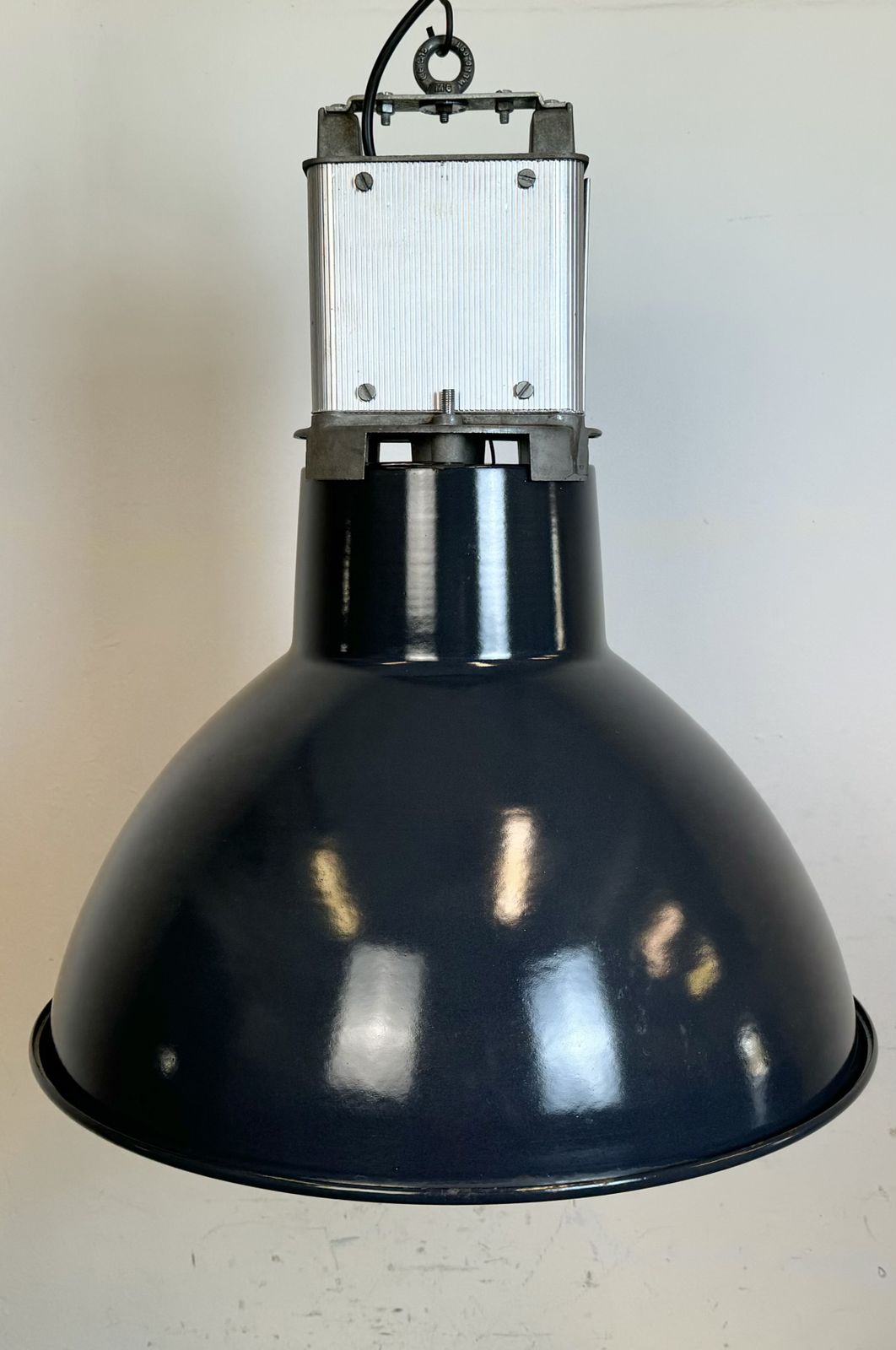 Industrial French Dark Blue Enamel Pendant Lamp From Mazda, 1960s photo for sale
