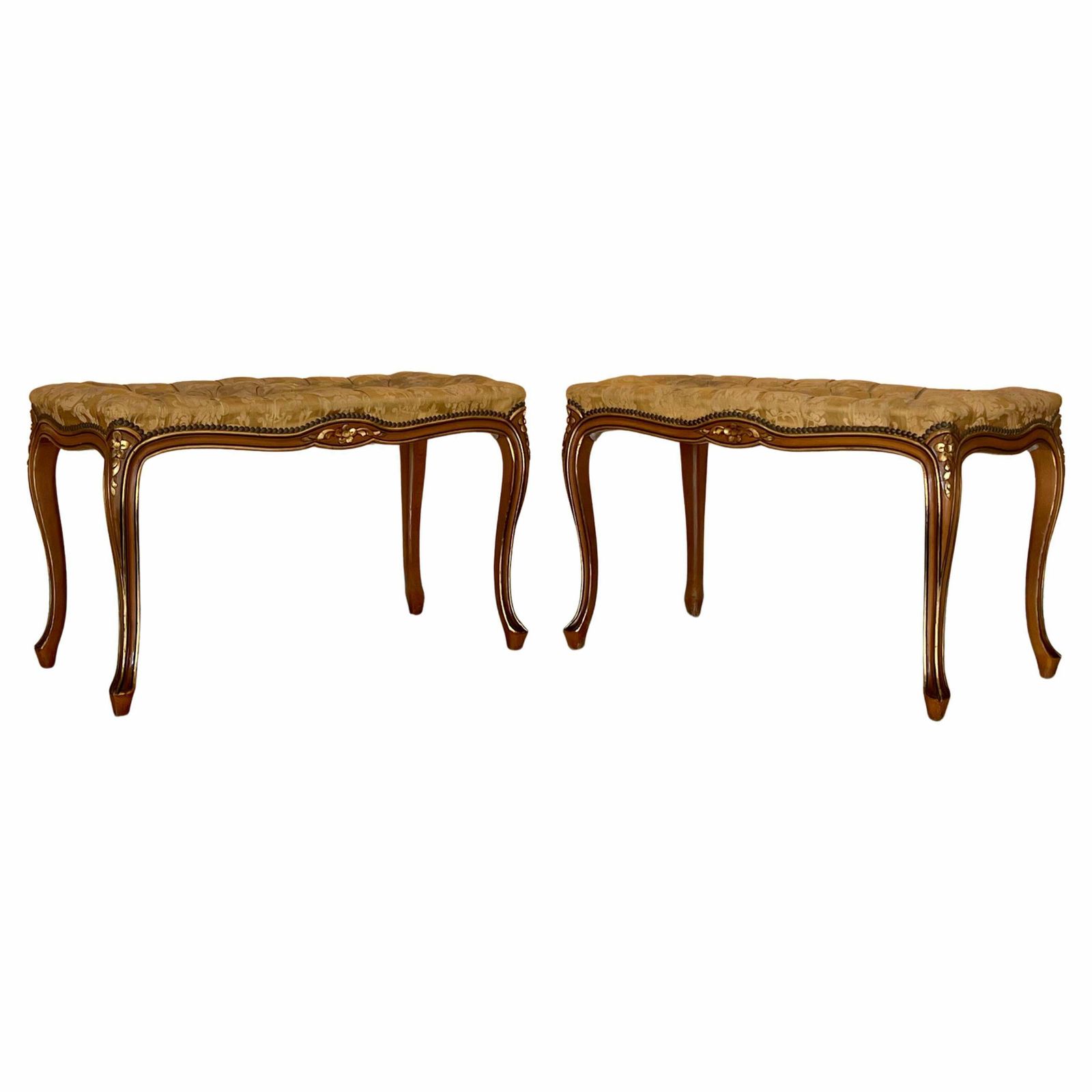 Pair Of French Tufted Benches With Cabriole Legs