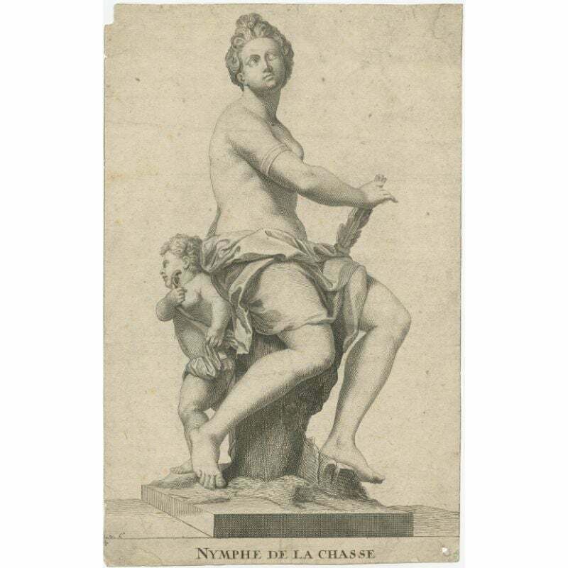 Original Antique Engraving Of A Hunting Nymph, C.1740