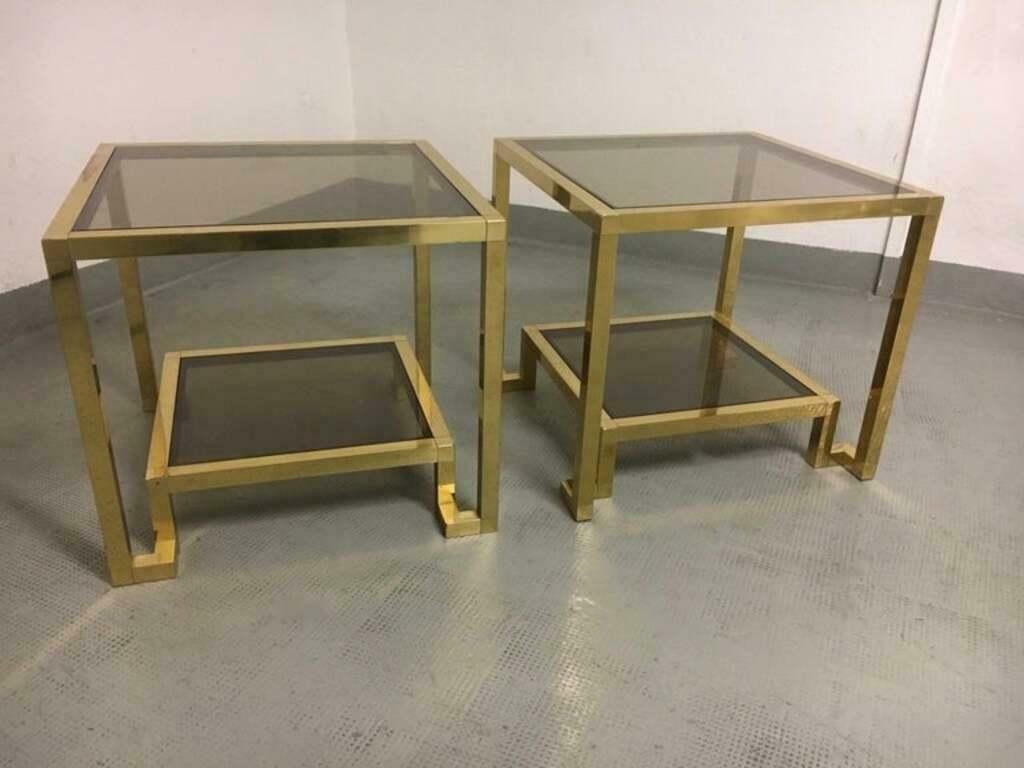 Pair Of Brass & Glass Side Tables By Guy Lefèvre For Maison Jansen, France 1970s photo Furniture