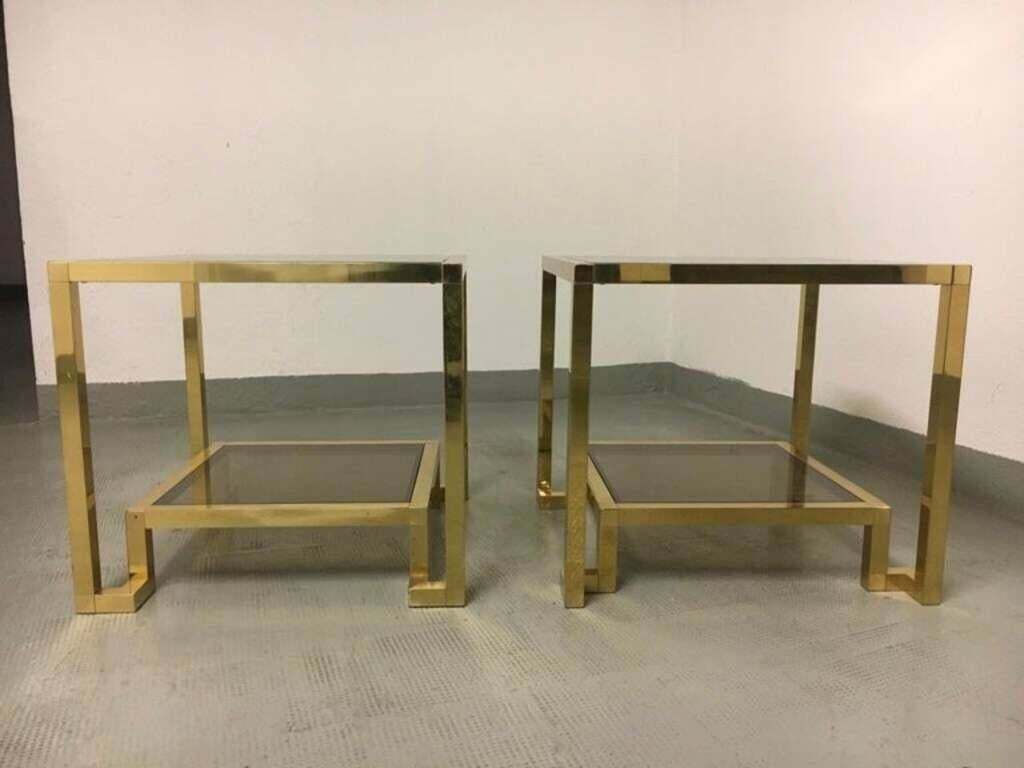 Pair Of Brass & Glass Side Tables By Guy Lefèvre For Maison Jansen, France 1970s photo vintage