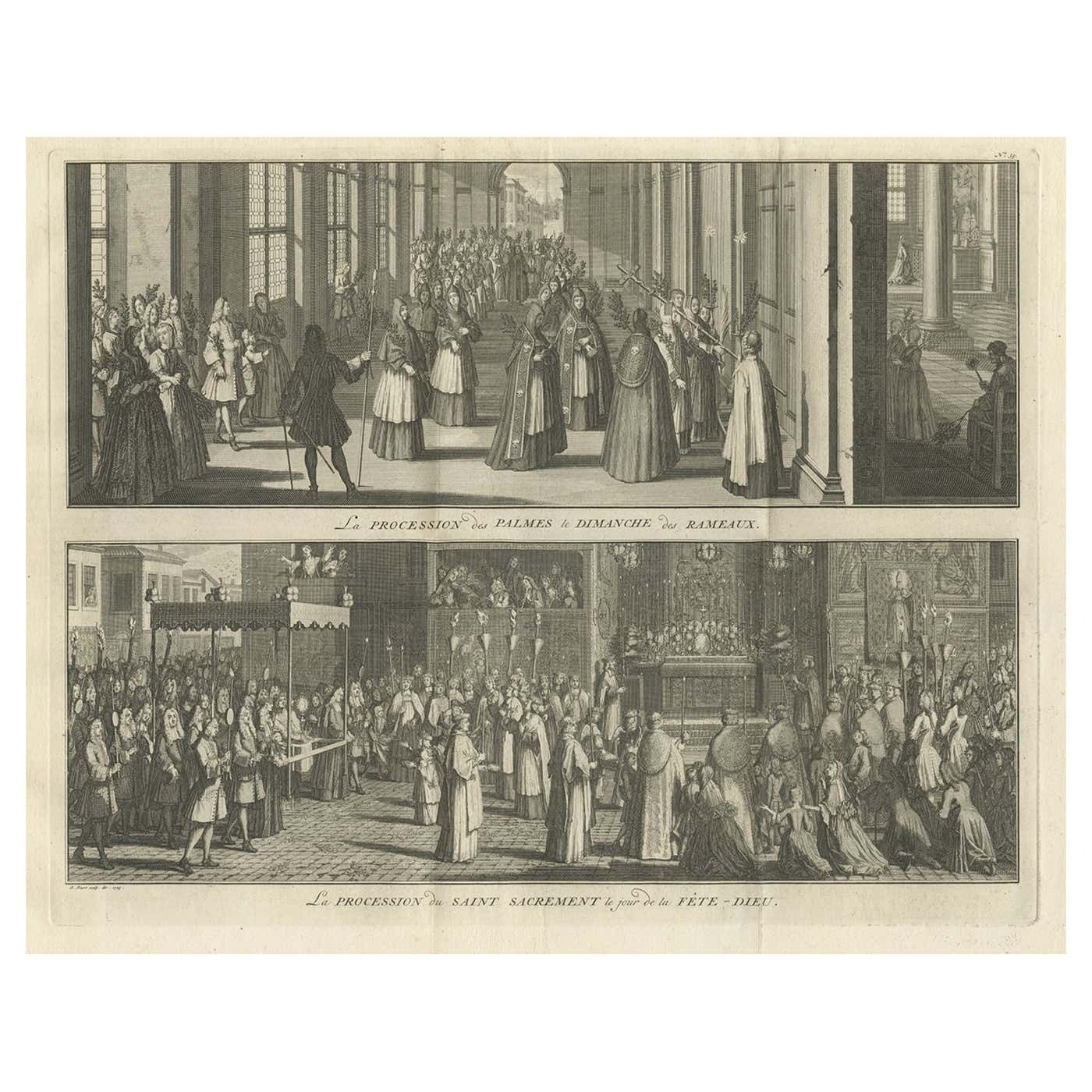 Old Print Of A Religious Ceremony For Corpus Christi Day And Palm Sunday, 1725