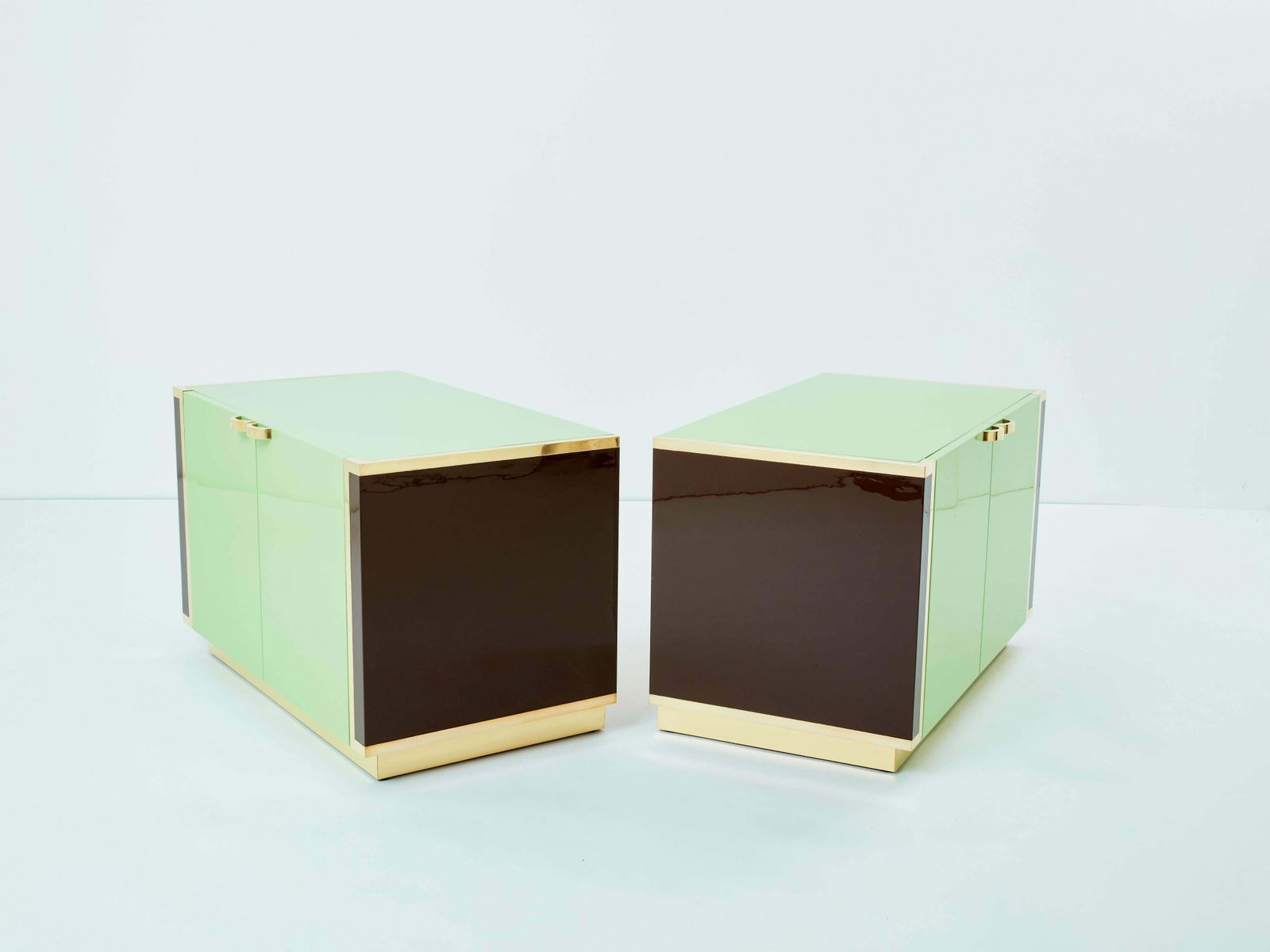 J.C. Mahey Pair Of Small Green Lacquer And Brass Cabinets 1970s photo vintage